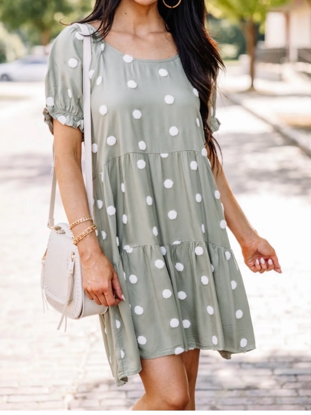 Blu Pepper Sage Green Polka Dot Tiered Mini Dress size small